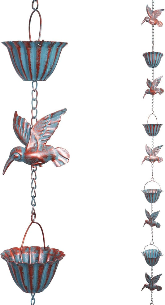 Rain Chains for Gutters, 8.8 Ft Rain Chains with 8 Cups & 9 Hummingbird Decor, Rain Barrels to Collect Rainwater from Gutter, Gutter Downspout Extensions