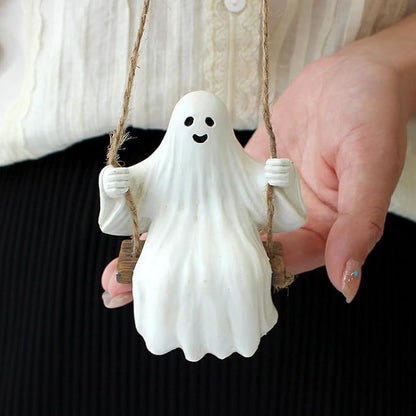 Swing Ghost Garden Statue Outdoor Halloween Decor, 3.39 Inch Cute Ghost Figurine Resin Sculpture Funny Tree Hanging Ornaments for Patio Lawn Yard