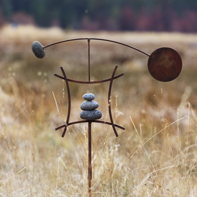 Aura Life Zen Garden Spinner Kinetic Wind Sculpture with Rock Cairn & Stake - Relaxing Outdoor Spinners for Yard and Garden - Handmade Outdoor Wind Art Vane Sculptures (Bare Steel)