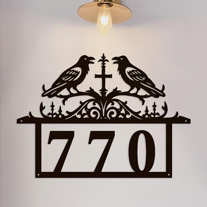 Personalized Gothic House Number metal Signs,Custom Address Number Metal Wall Art Decor,Black Plaques Outdoor wall Decorative Signage,Shed(8-30 Inches) (Crow A)