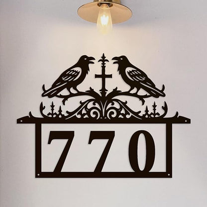 Personalized Gothic House Number metal Signs,Custom Address Number Metal Wall Art Decor,Black Plaques Outdoor wall Decorative Signage,Shed(8-30 Inches) (Crow A)