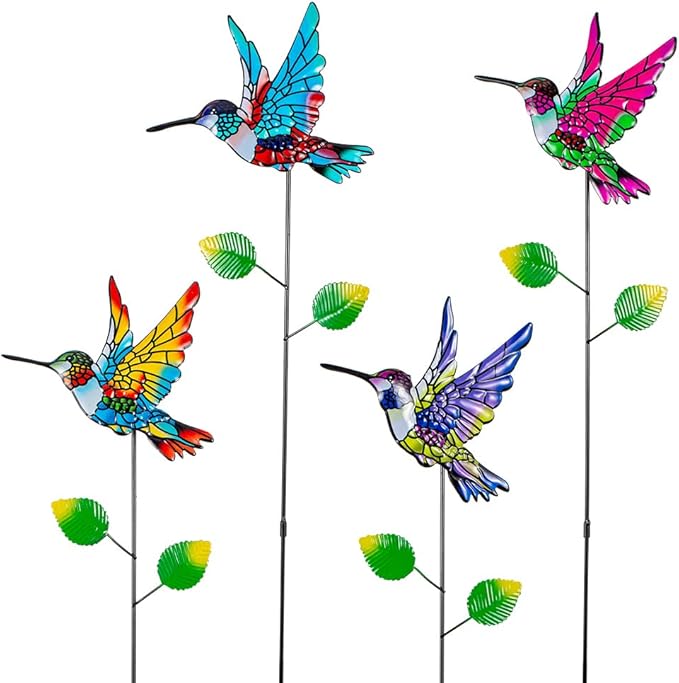 Decorative Garden Stakes,4 Pack Hummingbird Garden Decor for Outside,Metal Yard Art Spring Decor for Outdoor Porch Lawn Pathway
