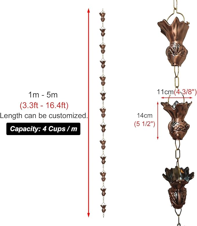 Copper Fish Rain Chain, Outdoor Ornament Gutter Chain Downspout, Divert Water Rain Catcher Chains for Garden, Hanging Rain Bells Set,3m (10ft)