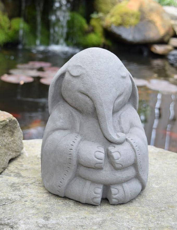 Modern Artisans Meditating Elephant - Cast Stone Garden Sculpture : Large Size, Grey Stone Finish