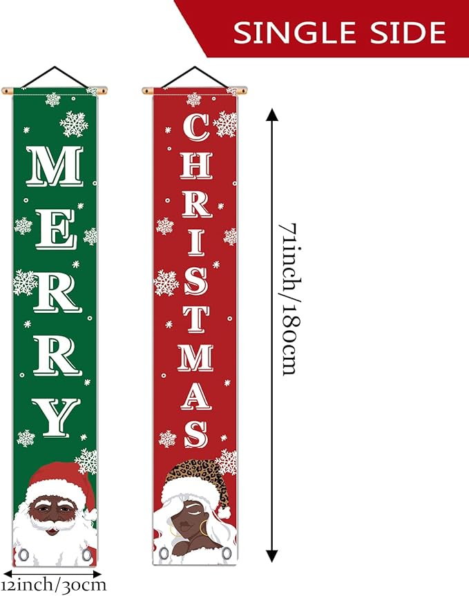 Merry Christmas Banner- Christmas Door Banner 71"x 12" Hanging Black Santa African American Santa Holiday Door Porch Sign for Indoor Outside Yard Garden Party Decor