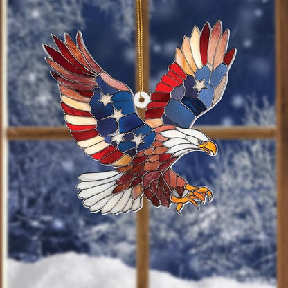 Bald Eagle Patriotic Ornament – Stained Glass American Flag Suncatcher, Acrylic Hanging Decor, USA Pride Home Office Gift, Veterans Independence Day & 4th of July Christmas Tree Ornament (Sun-11)