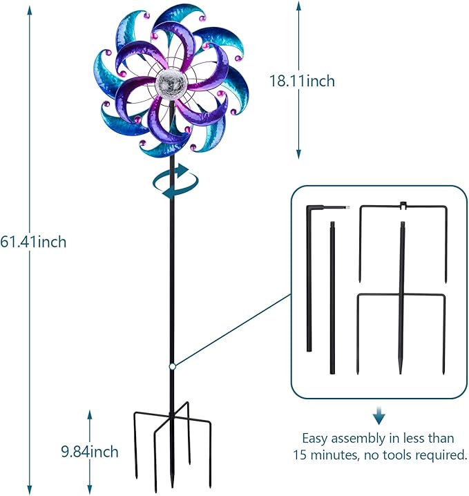 WONDER GARDEN Wind Spinners for Yard and Garden-Solar Wind Spinners - 61 Inch Blue Wind Sculptures & Spinners with LED Changing Light Glass Ball for Garden Patio Outdoor Decor