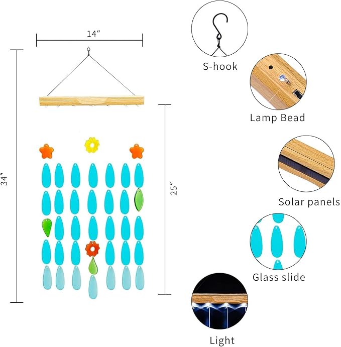 Solar Wind Chimes with Lights - Unique Glass Hanging Wind Chime for Outdoor Decor, Perfect for Garden, Patio, and Yard