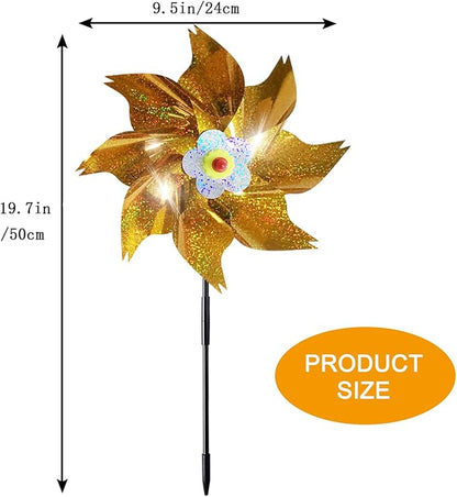 Sparkly Reflective Pinwheels with Stakes, Wind Spinners Outdoor Bird Scare Devices, Foil Pin Wheel Holographic Whirl Windmill for Yard Garden Decor Garden Wind Spinner 6 Packs - Gold