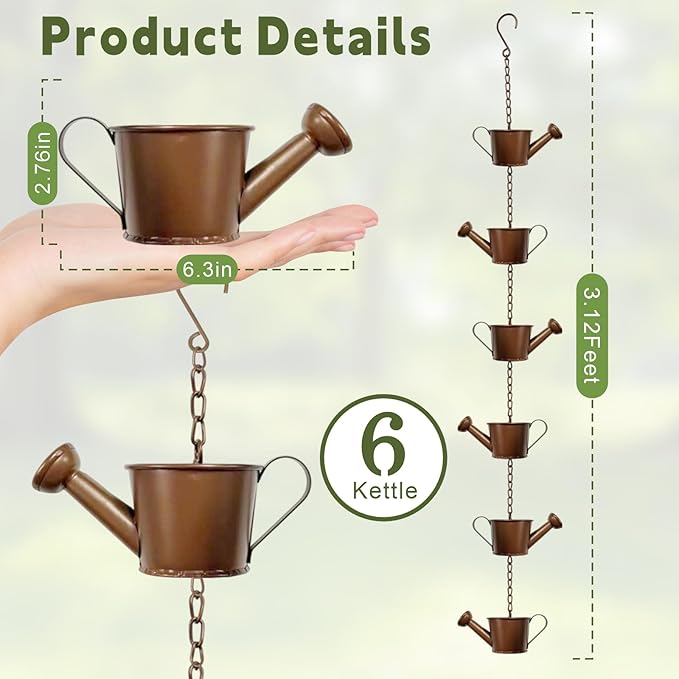 Metal Watering can Rain Chain for Gutters, Rust Resistant Outdoor Rain Catcher, Perfect for Heavy Rain, Indoor/Outdoor Decoration, Dark Bronze Finish