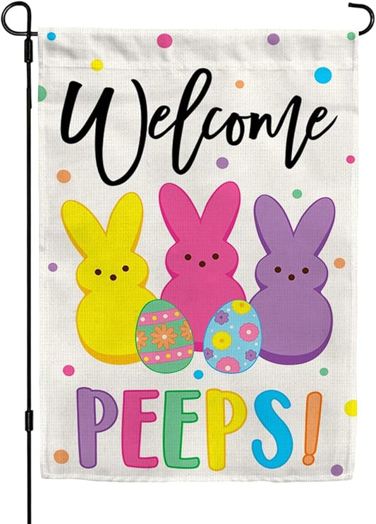 Welcome Easter Garden Flag 12x18 Inch Double Sided Easter Eggs Bunny Garden Flags for Outside, Spring Seasonal Decorations, Cute Rabbit Yard Lawn Flags for Holiday Farmhouse Outdoor Decor (Burlap)