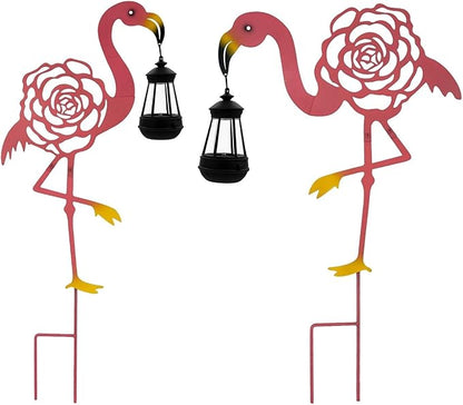 Solar Flamingo Light with Lantern - Outdoor Garden Decor, Metal Rose Cut-Out, Warm Auto-On Light, Gift for Patio, Yard, Party Decoration(2 Pack)
