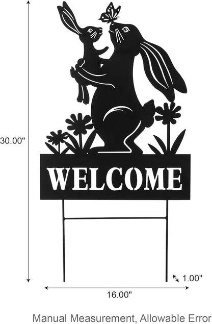 Glitzhome Easter Rabbit Decorative Garden Stakes, 30" H Black Metal Silhouette with Welcome Sign and Butterfly Cutout, Iron Yard Lawn Spring Decor or Wall Decor