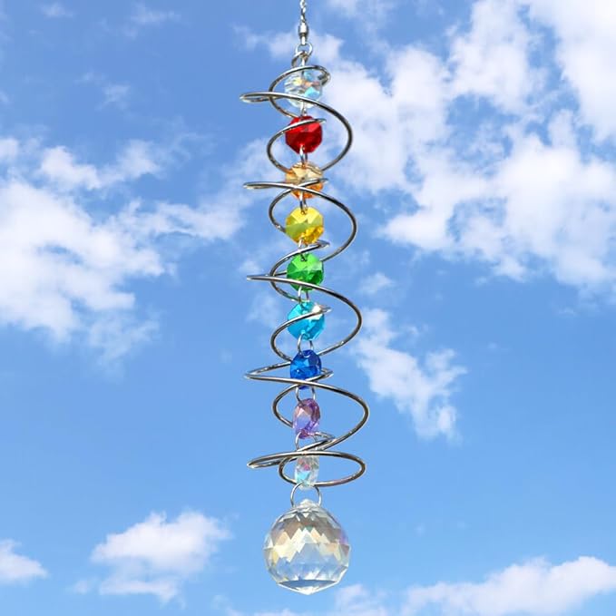 GWAHSA Suncatcher Wind Spinner Gazing Ball Spiral Tail, Crystal Sun Catchers with Seven Chakra Beads Window Hanging for Indoor Home Outdoor Garden Decor Wedding Birthday Party Gifts for Girl Women Mom