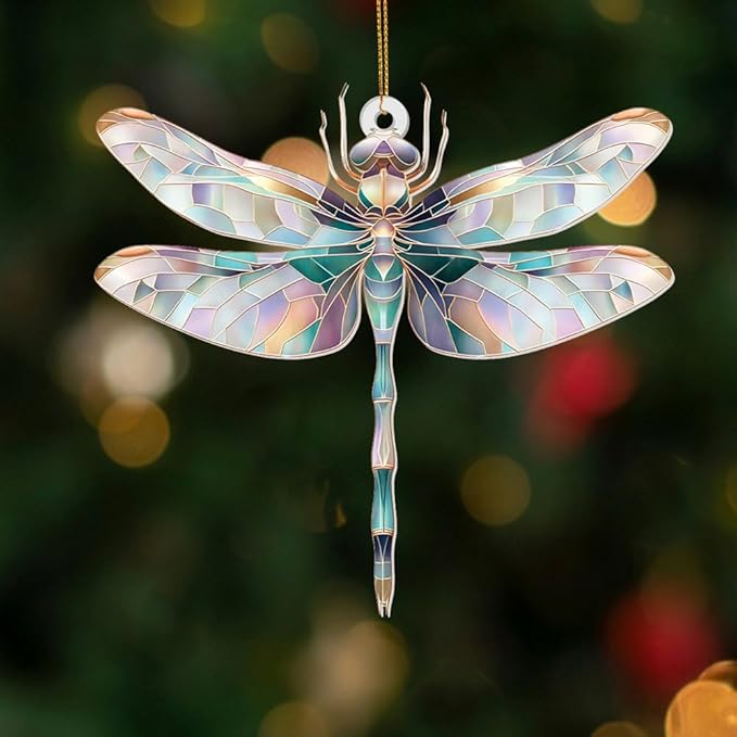 Dragonfly Ornament Stained Glass Style – Acrylic Window Hanging Suncatcher, Car Rearview Mirror Charm, Whimsical Holiday Christmas Tree Ornament, Unique Dragonfly Gifts for Women, Mom, Teacher(Sun-13)