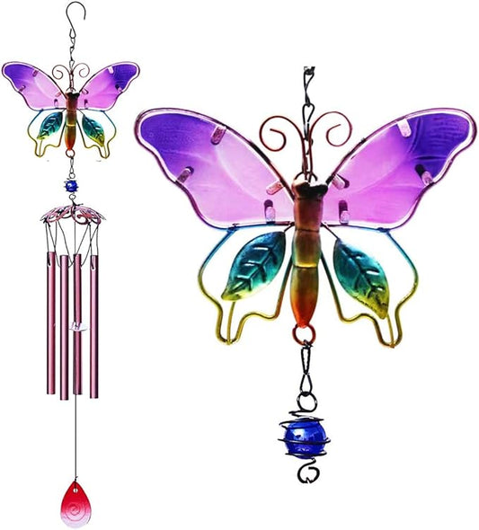 Evealyn Outdoor Butterfly Wind Chimes, Indoor Handing Stained Glass Metal Music Beautiful Wind Chimes for Home, Balcony,Window, Garden, Yard, Patio, Lawn Decoration (Purple)