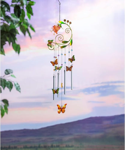 Evergreen Glass and Metal Flower with Butterflies Windchime