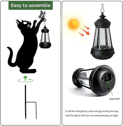Lily's Home Black Cat Garden Decor with Solar Light Lantern - Outdoor Solar Lights for Pathway & Patio - Durable Waterproof Metal - Yard & Patio Decor - Unique Gift for Cat Lovers - 23’’ Tall