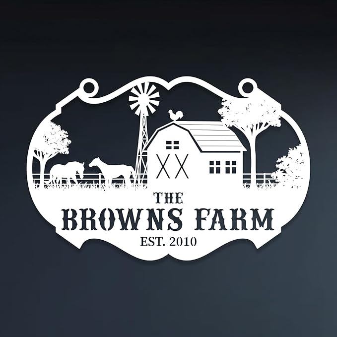 Personalized Metal Farm Ranch Sign, Customized Family Last Name, Large Decor, Outdoor Art, Welcome Sign, Black, 12" - 14" - 16" - 20" - 24" - 27" - 32" - 39