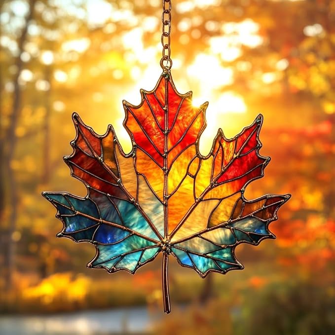 Rainbow Maple Leaf Acrylic Suncatcher Stained Glass Effect Window Car Hanging Christmas Ornament Indoor Outdoor Decor Garden Sun Catcher Panel for Maple Leaf Lover for Women Mom Grandma