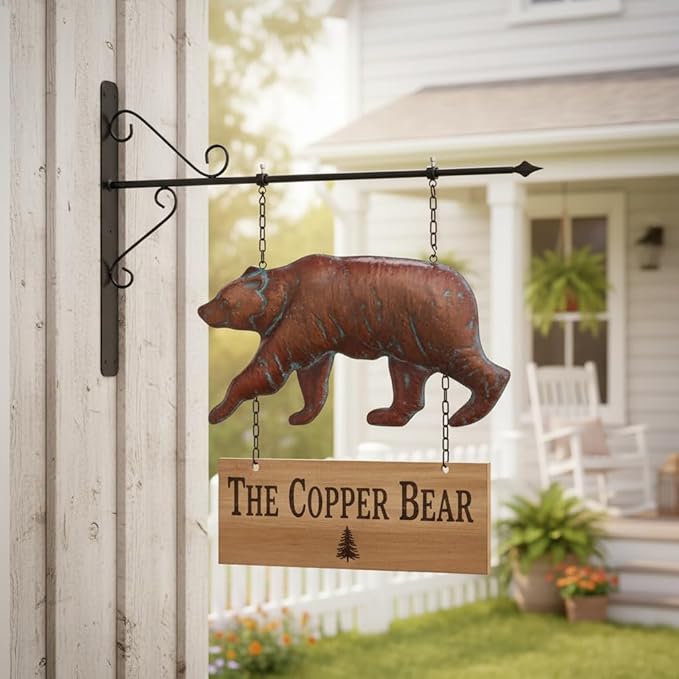 Bear Statue Outdoor Haning Decor for Yard and Garden,27“L x 22”H Vintage Grizzly Garden Statues and Sculptures with Arrow & Bracket,Antique Copper Walking Bear Metal Yard Art for Outside Porch