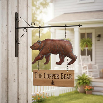 Bear Statue Outdoor Haning Decor for Yard and Garden,27“L x 22”H Vintage Grizzly Garden Statues and Sculptures with Arrow & Bracket,Antique Copper Walking Bear Metal Yard Art for Outside Porch