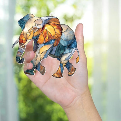 Elephant Ornament Stained Glass Style Acrylic – Window Hanging Suncatcher, Elephant Gifts for Women, Wildlife Animal Decor, Rearview Mirror Ornament, Holiday Christmas Tree Decorations(Sun-27)