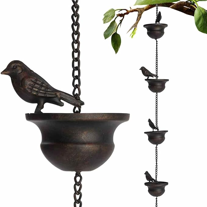 Vintage Bird Rain Chain Drain gutters Decorated Rain Chain Garden Rain Steering Wheel Chain 8 feet (About 2.5 Meters), bronze, YL145