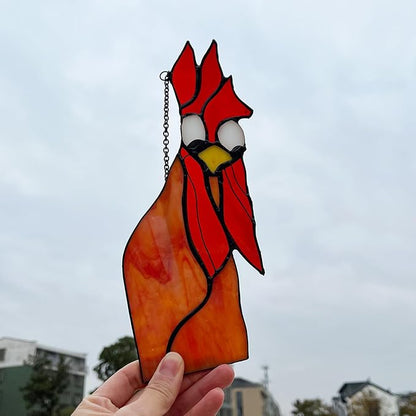 Peeping Rooster Stained Glass Window Hanging, Chicken Gifts for Women Mom Grandma Wife, Chicken Kitchen Decor, Funny Window Corner Hanging Rooster Decor Cockscomb