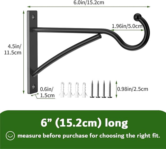 6 Inch 2 Pack Heavy Duty Plant Hangers Outdoor, Metal Plant Brackets for Hanging Baskets, Plant Wall Hooks for Bird Feeders, Wind Chimes & Lanterns, Premium Metal Hooks Matte Black, 30lbs Capacity