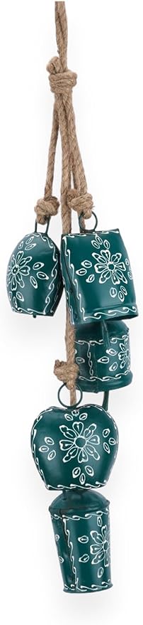 Rustic Cow Bell Wind Chime 25” - 5 Metal Hanging Bells for Christmas, Farmhouse, Porch, Entryway, Bohemian Garden Chime, Vintage Bell Garland, Antique Wind Chimes for Indoor & Outdoor (Green)