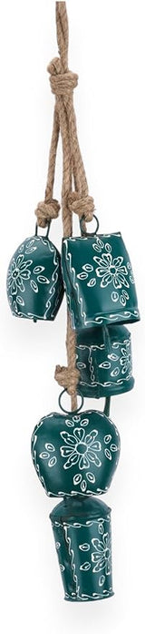 Rustic Cow Bell Wind Chime 25” - 5 Metal Hanging Bells for Christmas, Farmhouse, Porch, Entryway, Bohemian Garden Chime, Vintage Bell Garland, Antique Wind Chimes for Indoor & Outdoor (Green)
