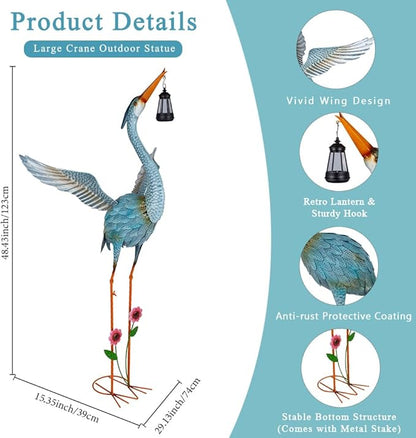 Crane Garden Statue with Solar Lantern, Large Blue Heron Outdoor Staue Garden Decor, Metal Crane Sculpture Yard Art Decor for Lawn, Backyard, Porch
