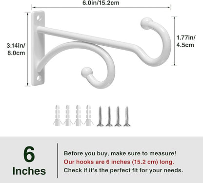 pickpiff 6-Inch Planter Hooks for Hanging Plants - Plant Hanger Hook Indoor Outdoor, Plant Wall Hooks, Brackets for Hanging Plants, Baskets, Wind Chime, Bird Feeder, Bird House (White, Metal, 2 Pack)