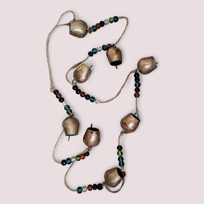 Vintage Rustic Metal Dome Bells Garland with Multicolor Glass Beads – Handcrafted Hanging Decor for Indoor Outdoor Garden, Patio, Farmhouse & Boho Style (8 Bells)