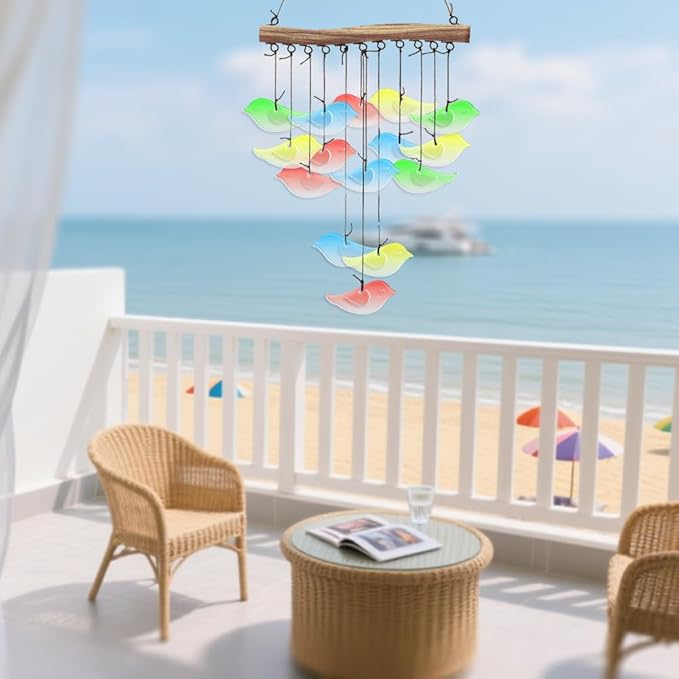 CUTHOLLOW Bird Glass Wind Chimes, 23" Stained Glass Chimes, Handmade Art Glass Windchimes for Outside, Garden, Patio, Balcony, Home, Yard, Best Gift for Xmas Birthday, Spring, Summer