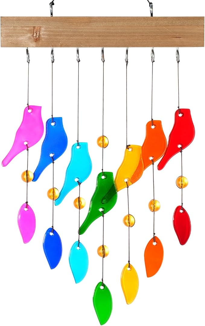 Glass Wind Chimes，Wind Chimes for Outside，Colorful Wind Chime 28" Garden Chimes for Home Patio, Housewarming Gifts for New House, Gift for Unisex (Bird)