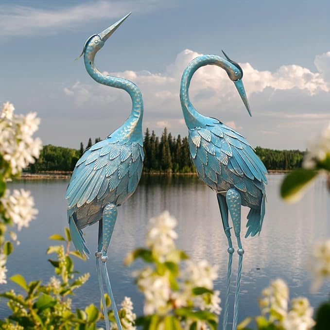 35-40 Inch Standing Garden Crane Statues for Outdoor, Metal Birds Yard Art Garden Crane Sculpture for Home Backyard Pond Patio Lawn Spring Decoration, Easter Decorations for Home, Set of 2