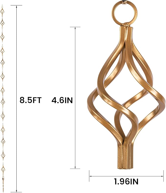Rain Chain Bird Cage Set 8.5Ft, Not Rust Wrought Iron Rain Chains for Gutters with Adapter Gotta Drain and Rain Sturdy Anchoring Stake,13 Birdcage, 1 Hook, Adjustable Length for Garden (Gold)