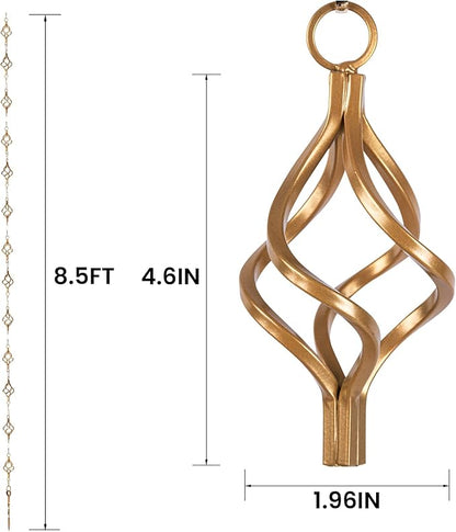 Rain Chain Bird Cage Set 8.5Ft, Not Rust Wrought Iron Rain Chains for Gutters with Adapter Gotta Drain and Rain Sturdy Anchoring Stake,13 Birdcage, 1 Hook, Adjustable Length for Garden (Gold)