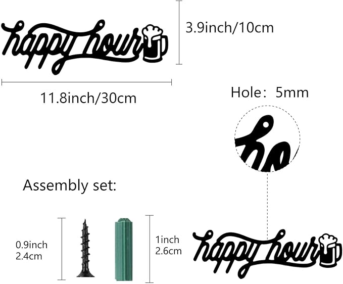 CREATCABIN Happy Hour Sign Bar Wall Decor Drinks Metal Wall Art Wall Hanging Decor for Indoor Outdoor Home Livingroom Kitchen Garden Bar Pub Office Decoration Gift Black 11.8 x 3.9 Inch