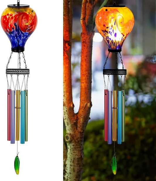 Starsoul Solar Wind Chimes for Outside, Colorful Speckle Hot Air Balloon Wind Chime with Flickering Flame, Outdoor Glass Windchimes for Garden Yard Decor, Gift for Mother's Day