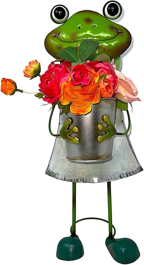 GERSON Frog Garden Figurine Metal Statue with Planter Tall Rustic Indoor Outdoor Patio Porch Decor 20"" H (Girl)