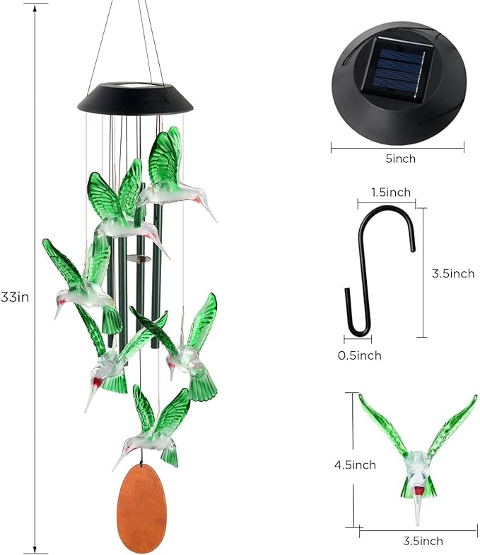 Solar Hummingbird Wind Chime Outdoor Color Changing, Garden Decor, Grandmother Gift, mom Gifts, Hummingbird Gifts, Birthday Gift for mom, Wind Chimes Outdoor Outside.