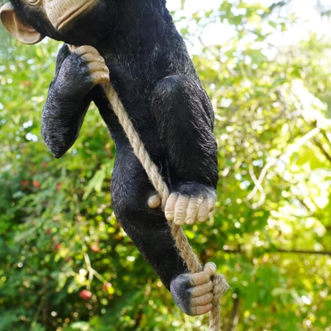 Hanging Monkey Outdoor Decor, Resin Statue on Rope for Front Porch, Patio, Yard, Tree Fence, Garden Ornament, Animal Decoration for Outside Spaces, 21.7 in