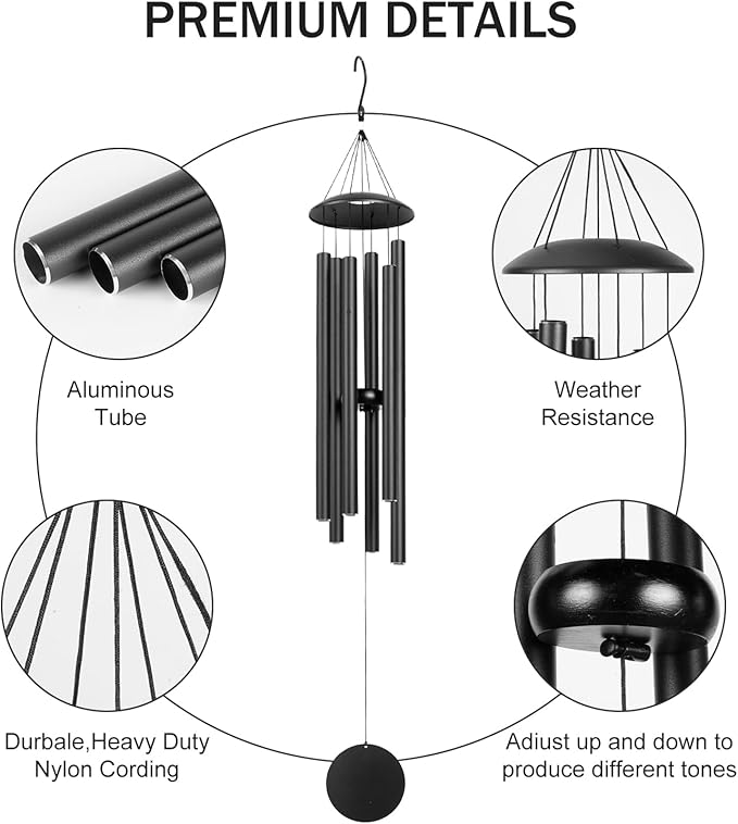 Wind Chimes for Outside, 32-Inch Simple Metal Wind Chimes Deep Tone, with 6 Thick Aluminum Tubes 0.03 in Wall Thickess – Ideal Gift for Mom or Grandma, Perfect for Backyard Decoration (Black)