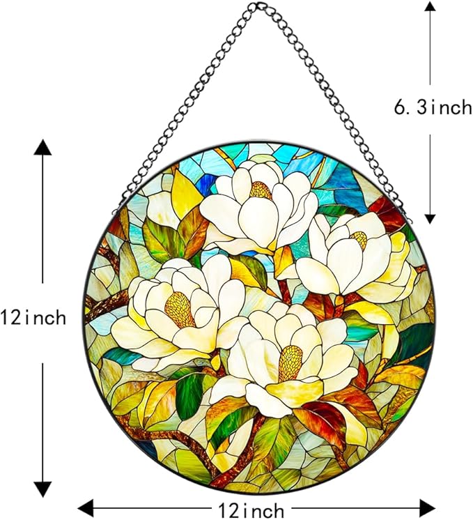 Magnolia Flower Stained Glass Suncatcher - Elegant Handmade Window Decor with Vibrant Colors, Garden Ornament & Gift Idea for Nature Lovers (White, 6.3 * 6.3IN)