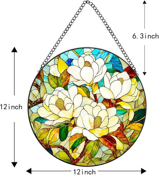 Magnolia Flower Stained Glass Suncatcher - Elegant Handmade Window Decor with Vibrant Colors, Garden Ornament & Gift Idea for Nature Lovers (White, 7.8 * 7.8IN)