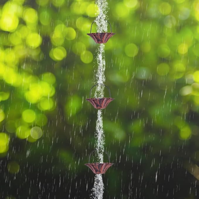 10FT Copper Lotus Rain Chain and Calla Lily Garden Stake with Bells for Outdoor Lawn Patio Decor