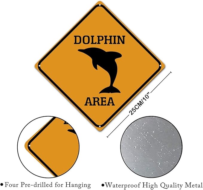 Dolphin Crossing Sign Caution DolphinXing Sign Street Sign Wildlife Novelty Road Fence Wall Decor Warning Metal Tin Sign For Indoor Outdoor 10x10in